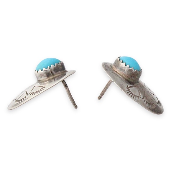 Vintage Native American Turquoise Sterling Silver Stud Earrings Oval Concho Sun - Picture 2 of 4